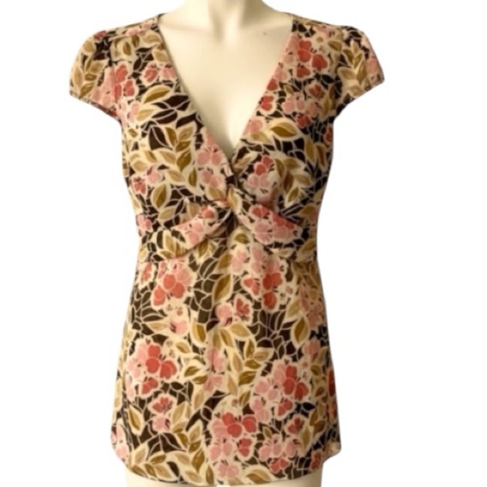 BCX Top, Faux Wrap, Floral, Sz S, NWOT, Semi sheer, Short sleeves, Twist